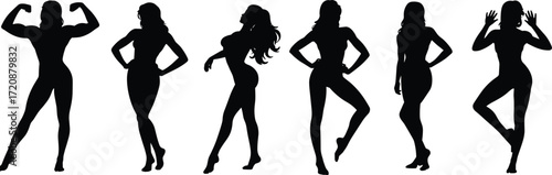 Silhouettes of fit women posing, flexing muscles, female bodybuilders, strong female figures, fitness models, healthy lifestyle, athletic women, beauty and strength