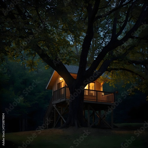 Cozy Wooden Treehouse with Warm Lights in Forest at Dusk