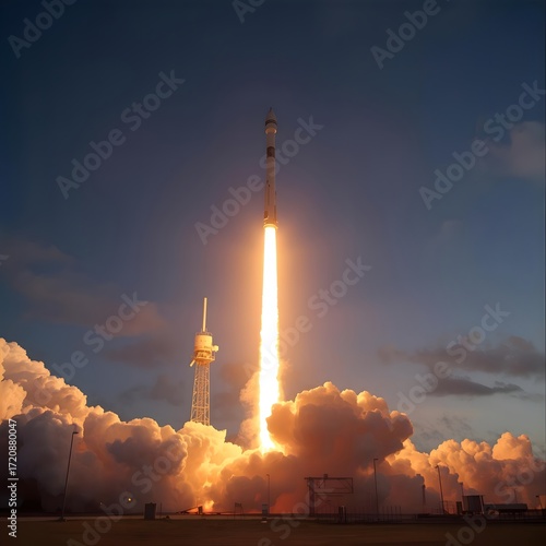 Rocket Launch with Bright Flames and Smoke at Dusk