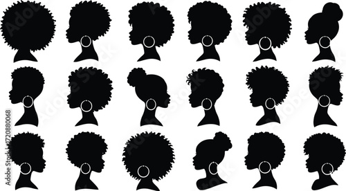 Black woman silhouette profile with natural afro hairstyle, elegant earrings, beauty portrait vector, diverse hairstyle collection illustration, female fashion, culture, identity design