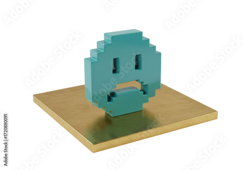 Isolated stylized sad teal face icon, pixelated emotion on brassy gold base art object