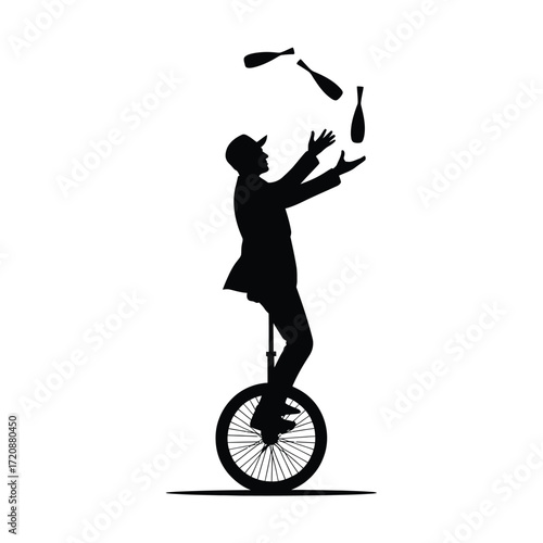 Silhouette of a man juggling bottles while riding a unicycle