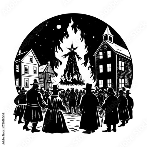 A crowd watches a figure engulfed in flames in a historical setting