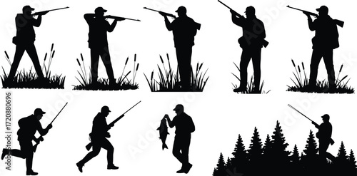 Silhouettes of hunters with rifles and fishermen holding fish, outdoor hunting, fishing activities, wildlife adventure, nature, forest, sport, hunting season, outdoor recreation.