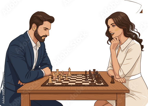 Cartoon Chess Icons Featuring Focused Players in Strategic Match, Wooden Table, Game Pieces, Intellectual Mood, and Competitive Theme