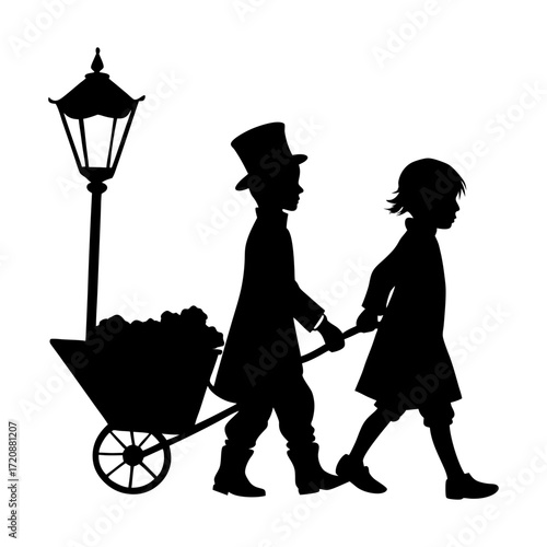 Silhouette of children pulling a coal cart with a street lamp nearby