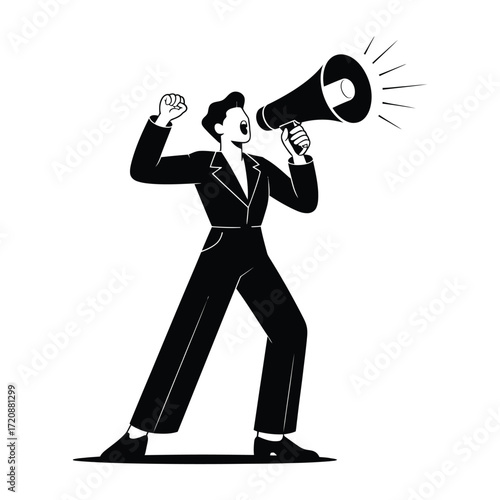 Person in suit shouting through a megaphone with energy