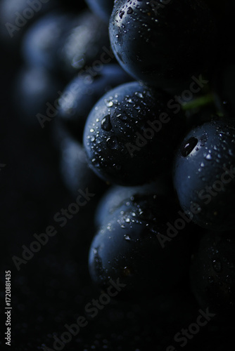 Fresh black grapes close up, organic fruit, healthy food