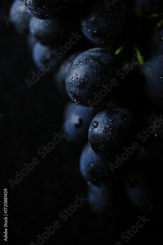 Fresh black grapes close up, organic fruit, healthy food