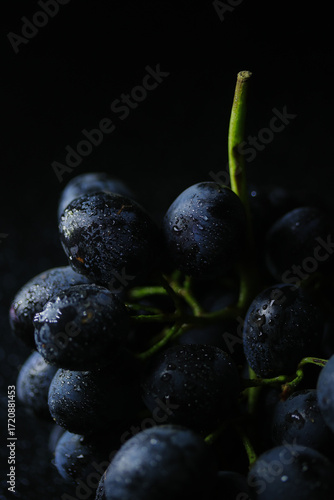 Fresh black grapes close up, organic fruit, healthy food