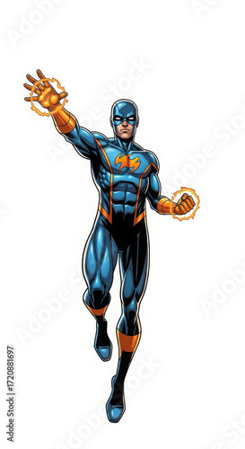 Superhero in blue costume with glowing hands in dynamic pose