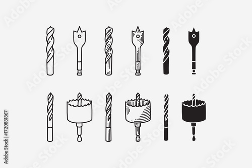 twist bit, spade bit, masonry bit, hole saw line icon set. woodworking drill bits silhouette symbol pack. construction power tool drill engraving element design bundle. Vector illustration