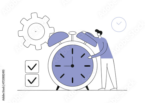 Person adjusting alarm clock with gear and checklist