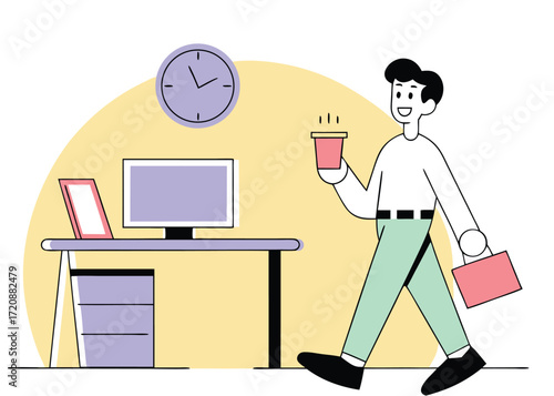Man walking with coffee and briefcase from office desk