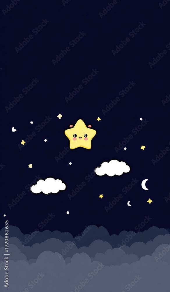 Fototapeta premium Cute Starry Night Sky with Clouds and Moon.