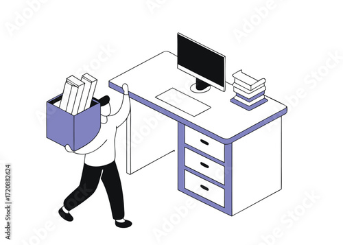 Person carrying box of books to a desk with computer