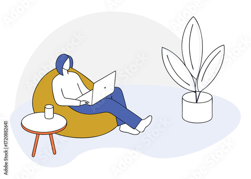 Person relaxing with laptop on beanbag chair vector