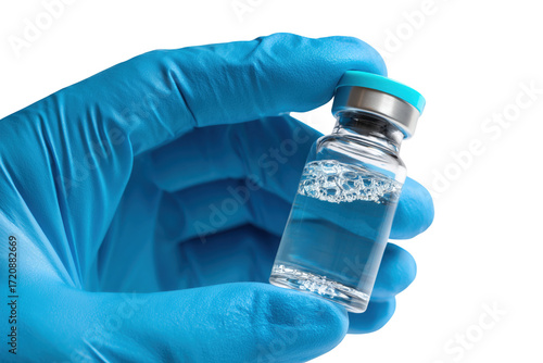 A hand holding a vial filled with a clear liquid vaccine against disease transparent