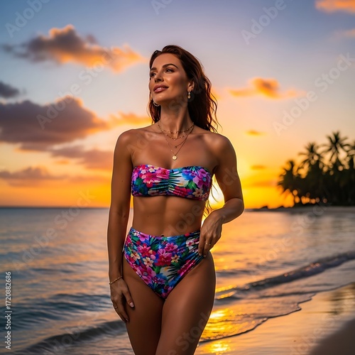 Woman in Bikini at Sunset Beach.