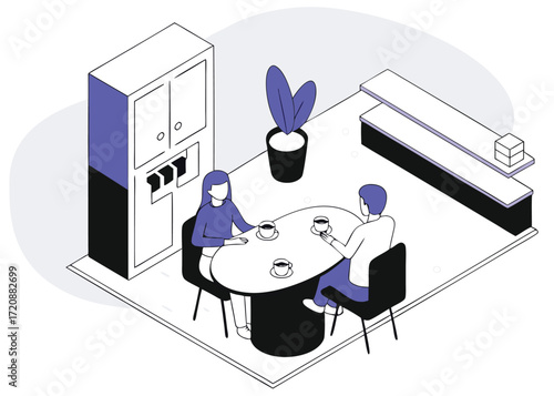 Two people having coffee at a table in an office breakroom