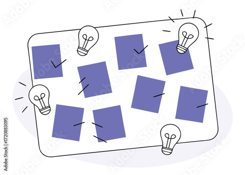 Brainstorming board with sticky notes and lightbulbs