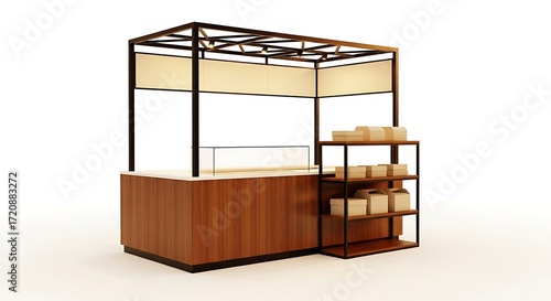 Modern Industrial Food Kiosk with Wood Paneling and Black Metal Frame on a White Background.