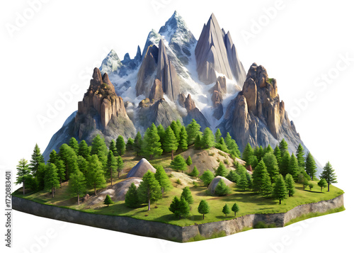 Jagged mountain peaks with forest and grassy hills isolated on a transparent background
