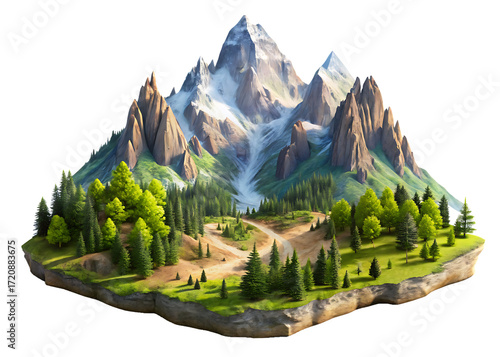Majestic snow capped mountains and pine forests isolated on a transparent background