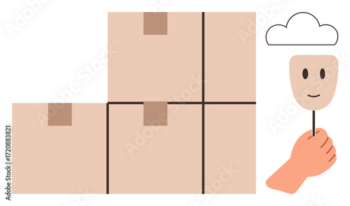 Stacked rectangular boxes symbolize storage or shipment. Hand holds a smiling mask conveying identity or emotion. Cloud represents ideas or abstraction. Ideal for shipping, storage, identity