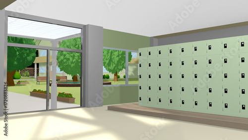 学校の玄関や職員室前を背景にするアニメーションに最適なイラスト（使用するアニメーションに合わせて多種多様のアングルを準備しました）