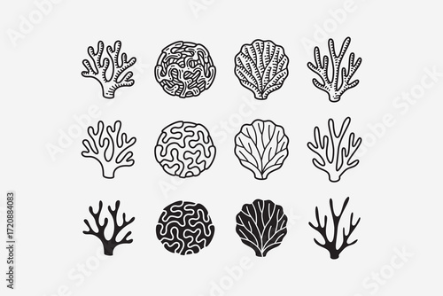 branching, brain, sea fan, staghorn coral line icon set. coral reef silhouette symbol pack. marine coral engraving element design bundle. marine, beach, ocean, coastal. vector illustration.