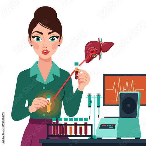 Elegant scientist analyzes liver disease blood samples, advancing medical research with cutting-edge technology in a modern lab setting for better health