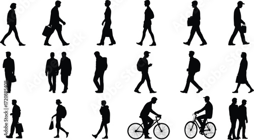 Silhouettes of people walking, biking, daily urban movement, pedestrian activity, commuting, casual lifestyle, city life, transportation, cycling, fitness