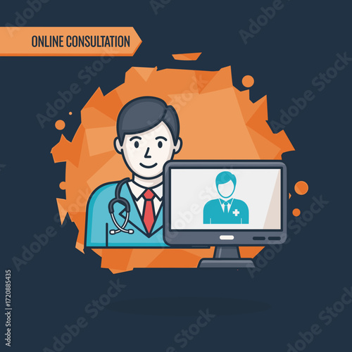 Online Consultation: a graphic representation of a medical professional offering online medical assistance via a computer screen, showing a focus on virtual care and healthcare technology. 