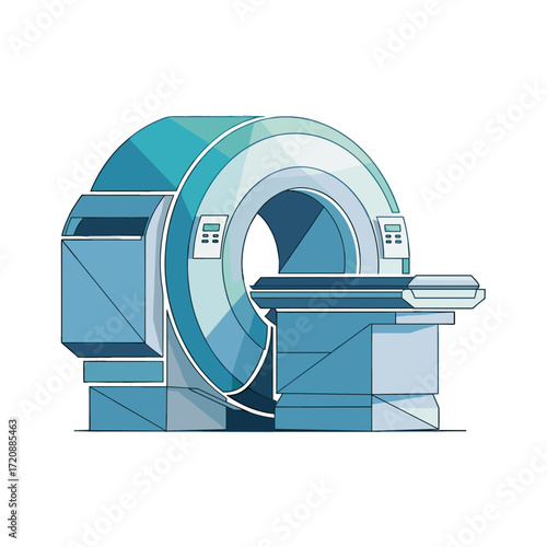 MRI Scanner Illustration: A stylized illustration of a modern MRI scanner, rendered in cool, clean tones, evokes the precision and technological advancement of medical imaging