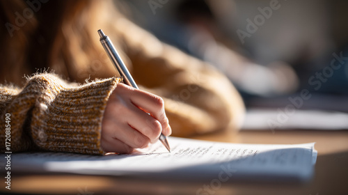 World Student’s Day student writing exam in classroom focusing on study, education, academic achievement, knowledge, and future learning success