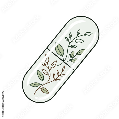 Herbal Medicine Capsule: A digitally illustrated capsule filled with botanical illustrations, reflecting the essence of natural remedy and wellness.