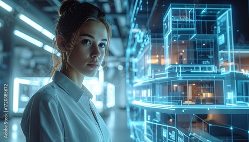 A serious expression stands next to a digitally projected futuristic architectural project. This image represents the fusion of technology, innovation, and design, highlighting the role of women in te