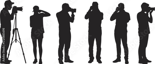 Silhouettes of photographers with cameras, using tripods, shooting photos, professional photography concept, camera operator, photography equipment, photo shoot scene