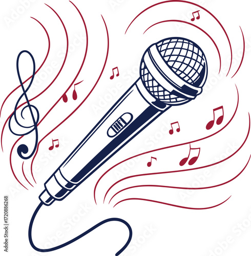 Singing microphone outline icon with dynamic curves.