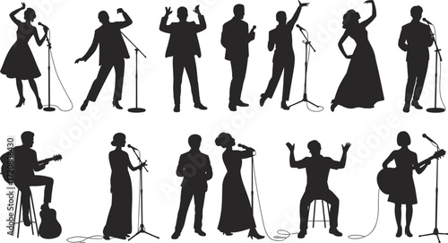 Silhouettes of singers and musicians performing on stage, microphone in hand, live concert, music performance, vocalists and guitarists, entertainment scene