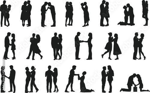 Silhouettes of romantic couples in love, hugging, kissing, holding hands, proposing, romantic moments, relationship poses, intimate affection, passion