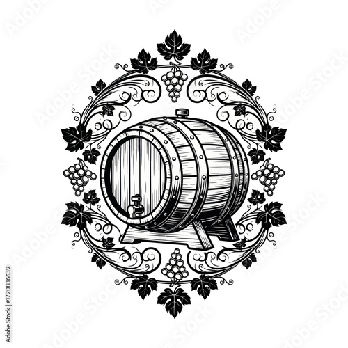 Vintage black and white illustration of a wooden wine barrel with a tap, encircled by an ornate frame of grapevines, leaves, and grape bunches.