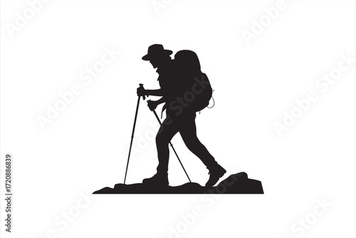 Hiker silhouette climbing mountain with backpack for travel and adventure design