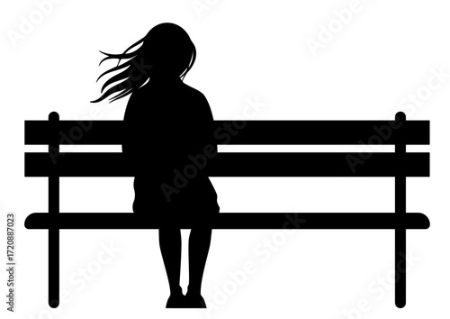 Woman silhouette sitting alone on a park bench. Feeling of loneliness, sadness and contemplation. Simple graphic for design element.