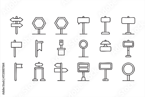 Road sign and direction board outline icons for navigation and travel projects