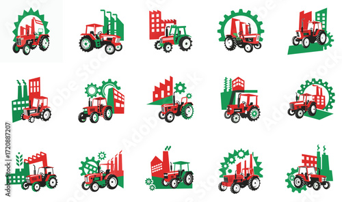 Collection of red and green tractor and factory icons with gear elements industry agriculture