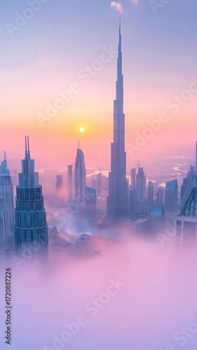 Pink And Purple Sunrise Over Foggy Cityscape