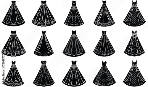 Collection of Stylized Black Silhouette Illustrations of Elegant Gowns with Decorative Patterns