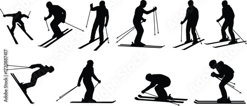 Silhouettes of skiers skiing downhill, performing jumps, and using ski poles, winter sports, extreme skiing, winter activity, snow sports.
